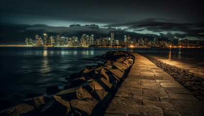 Obraz premium Dramatic skyline reflects on water at dusk generative AI