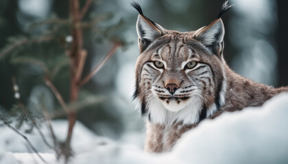 Majestic snow leopard stalking through winter forest generative AI