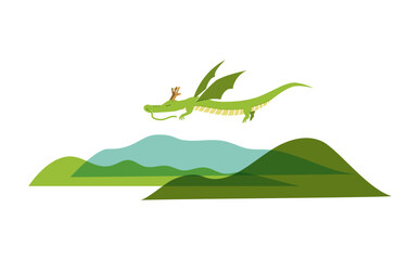 空を飛ぶ龍と山々の風景　グリーン