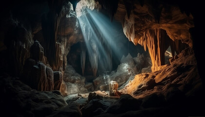 Majestic stalactites and stalagmites in underground grotto generative AI - obrazy, fototapety, plakaty