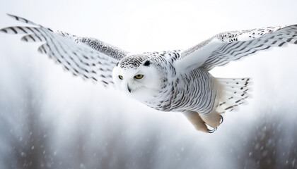 Snowy owl flying, spread wings, beauty in nature generative AI