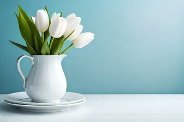 white tulips in a vase isolated on pastel blue background with copy space for text