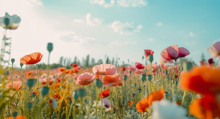 Obraz premium Beautiful spring colorful natural flower background, generative ai, with red yellow and white poppies on light blue background. sunlight