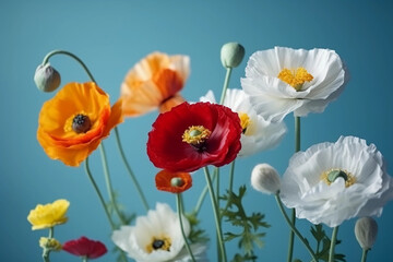 Beautiful spring colorful natural flower background, generative ai, with red yellow and white poppies on light blue background. sunlight