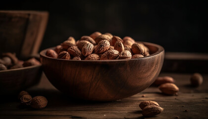 Nutty snacks in wooden bowl, organic and fresh generative AI