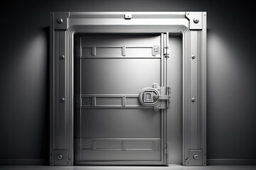 Front view of light silver bank vault door, closed