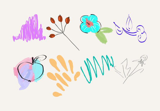 Set of Artistic Hand Drawn Fruits Flowers and Scribbles
