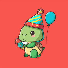 Obraz na płótnie Canvas Cute mascot for a turtle wearing a cone hat and carrying a birthday balloon, with a flat cartoon design. Suitable for card, book, birthday design