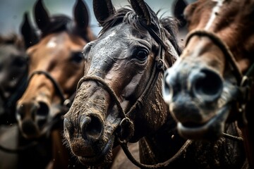 Close-Up of Three Race Horses, Powerful Gallop, Dynamic Equestrian Athletes, Intense Track Action, Generative AI