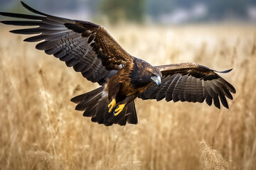 Closeup of a golden eagle flying over a field with its wings wide open. Generative ai