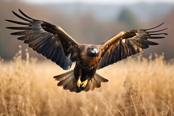 Fototapeta premium Closeup of a golden eagle flying over a field with its wings wide open. Generative ai