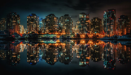 Fototapeta na wymiar Modern city skyline reflects in waterfront at dusk generated by AI