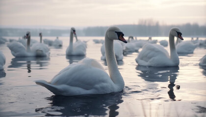 Mute swan glides on tranquil blue pond generated by AI