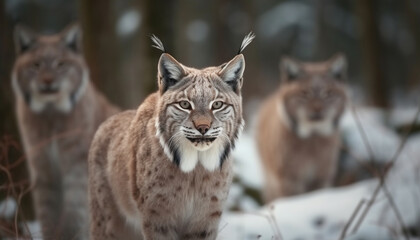 Obraz premium Fierce feline family walking through winter wilderness generated by AI