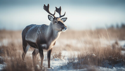 Obraz premium Horned stag stands in snow covered meadow generated by AI