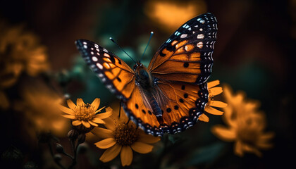 Fototapeta na wymiar Vibrant butterfly wing on yellow flower petal generated by AI