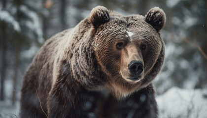 Grizzly bear walking in snowy Alberta forest generated by AI