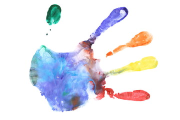 Colorful hand print, paint watercolor isolated on white 