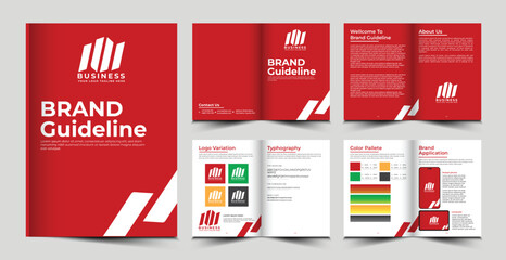 A collection of red and white brochures including a brand guideline.