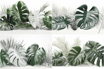Decorate your space with trendy tropical leaves. Create a stylish and modern atmosphere in any room. The horizontal composition includes monstera plants, palm and elastic ficus.