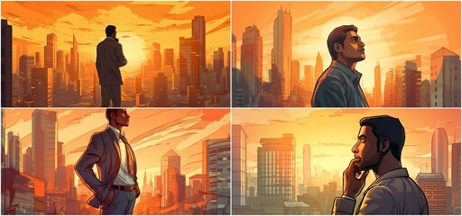 illustration. Happy rich successful indian businessman on the street of modern skyscrapers at sunset, thinking of a successful vision for the future, dreaming of a new investment opportunity concept.