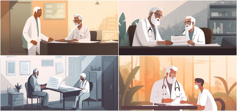 illustration. An Indian male doctor consults with a senior elderly patient filling out a consultation form. Professional doctor in white coat talking to mature woman signing medical paper
