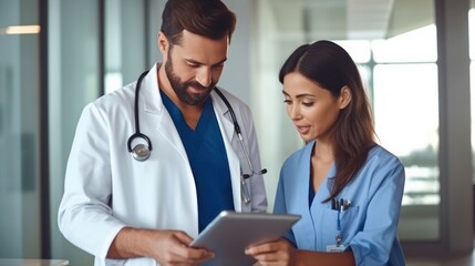 Healthcare professionals Doctor and nurse discussing patient data. Generative AI.