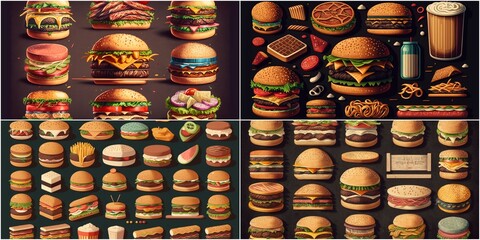 Fototapeta na wymiar A collection of high quality gourmet burger illustrations. Icons can be used for menus or branding materials. Detailed illustrations showcase unique ingredients and flavor combinations.