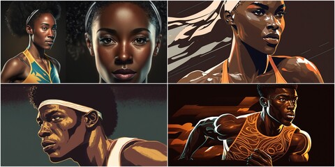 Beautifully detailed illustrations of African American athletes. They convey the strength, agility and grace of these outstanding athletes. They celebrate the diversity in sports thanks to the amazing - obrazy, fototapety, plakaty