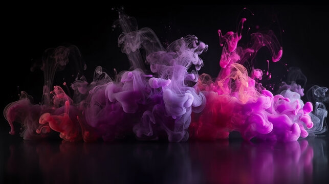 Mistura de cores. Fuma&ccedil;a com brilho. Pinte respingos de &aacute;gua. Po&ccedil;&atilde;o m&aacute;gica. N&eacute;voa de part&iacute;culas cintilantes rosa roxas brilhantes flutuando sobre fundo de arte abstrata preto escuro com espa&ccedil;o livre