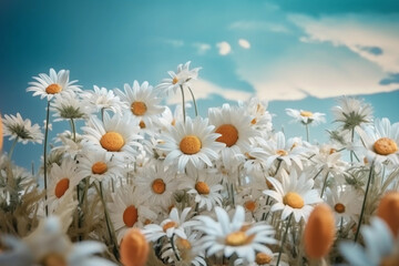 Panoramic natural spring landscape with green field flowers and sun. generative ai, Beautiful field meadow flowers chamomile in morning against blue sky with clouds, nature 