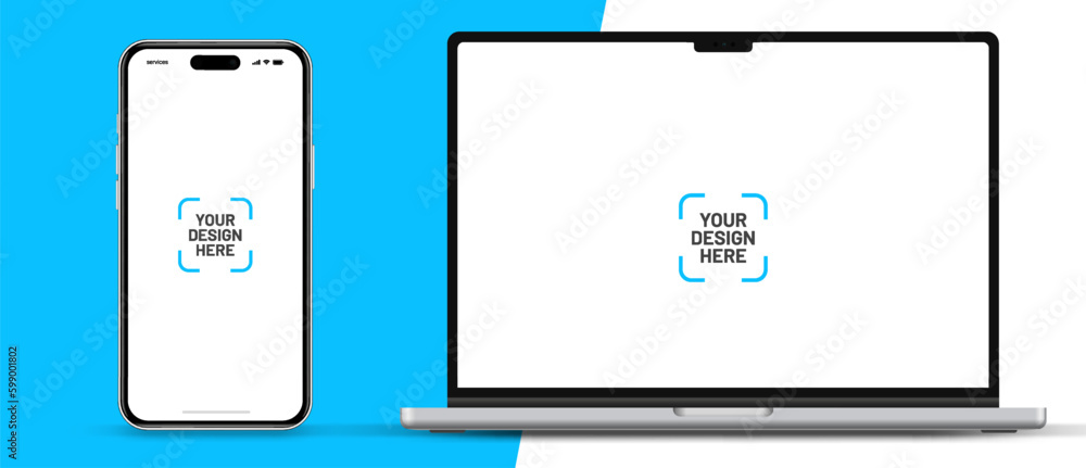 Poster Modern laptop mockup front view and smartphone mockup high quality isolated on white background. Notebook mockup and phone device mockup for ui ux app and website presentation Stock Vector.