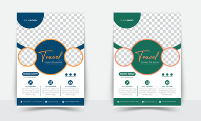 Travel poster or flyer pamphlet brochure design layout space for photo background. Yellow Travel flyer template for travel agency
