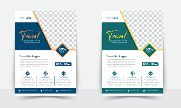 Travel poster or flyer pamphlet brochure design layout space for photo background. Yellow Travel flyer template for travel agency