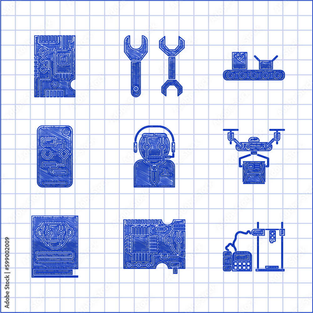 Poster set worker robot, 3d printer, drone delivery concept, user manual, algorithm, conveyor belt with car