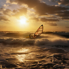 A wide-angle shot of a windsurfer catching air on the waves, generative AI