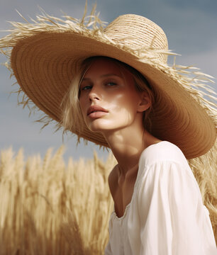 Beautiful young fresh woman wearing straw summer hat. AI generated image.