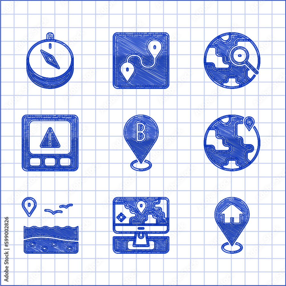 Sticker Set Location, Monitor with location marker, house, the globe, beach, Gps device error, Magnifying glass and Compass icon. Vector