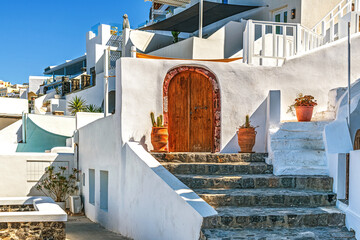 Oval door in Greek architecture in Santorini. Greece.