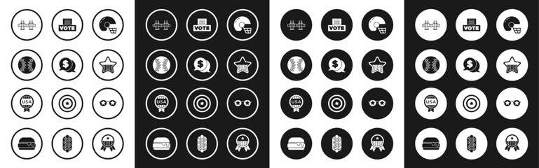 Fototapeta premium Set American football helmet, Coin money with dollar, Baseball, Golden gate bridge, USA Independence day, Vote box, Glasses stars and Medal icon. Vector