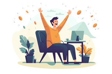 Very happy man in the office in front of a computer on white background, generative ai