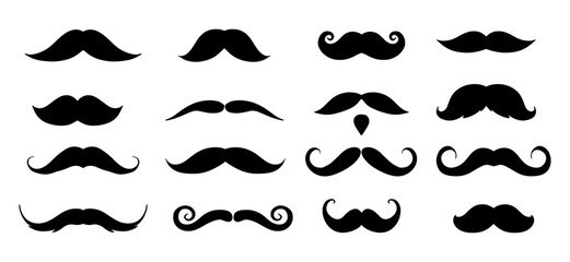 Set of Mustache isolated on white background. Collection of moustache facial hair for men, barber hairstyle elements. Vector illustration