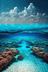 Naklejka na ściany i meble Underwater coral reef seabed view with horizon and water surface split by waterline
