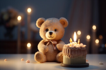 Birthday, festive atmosphere, subdued lighting, teddy bear, generative ai. Cute beige teddy bear and birthday cake with candles.