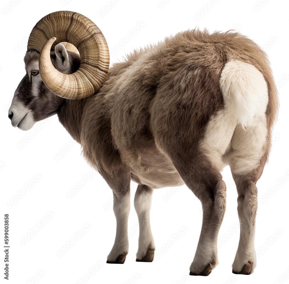 Wall mural View of a ram from behind. Fluffy, noble ram with large horns. Isolated on a transparent background. Generative AI.