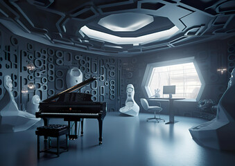 Very modern music room equipped with a variety of musical instruments and equipment suitable for a modern studio. Very atmospheric and excellent sound equipment in 3D design. Illustration generated AI