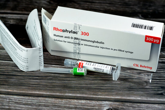 Cairo, Egypt, May 2 2023: Human anti-D (Rh) immunoglobulin Rhophylac 300 &mu;g micrograms 1500 IU for IV or IM injection for prevention of Rh(D) immunization in Rh(D) negative women prophylaxis