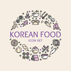 Korean Food Sign Round Design Template Color Thin Line Icon Banner for Restaurant. Vector illustration of Asian Cuisine