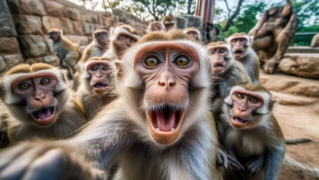 group of monkeys in a zoo accidentally taking a selfie, Generative AI