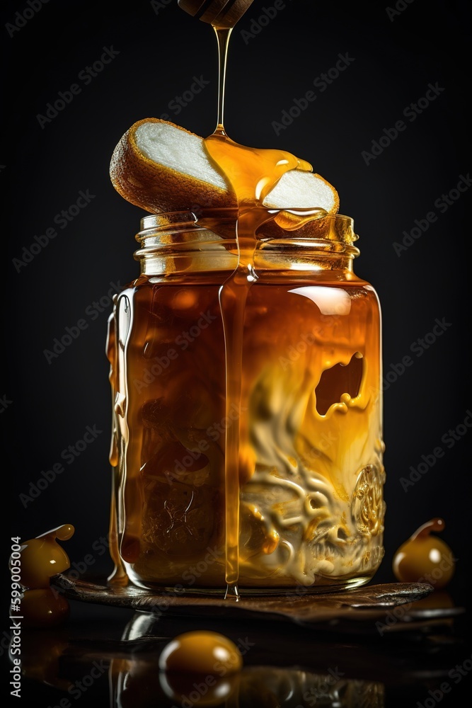Poster a jar of honey next to a spoon that's being used to add honey to the jar generative ai